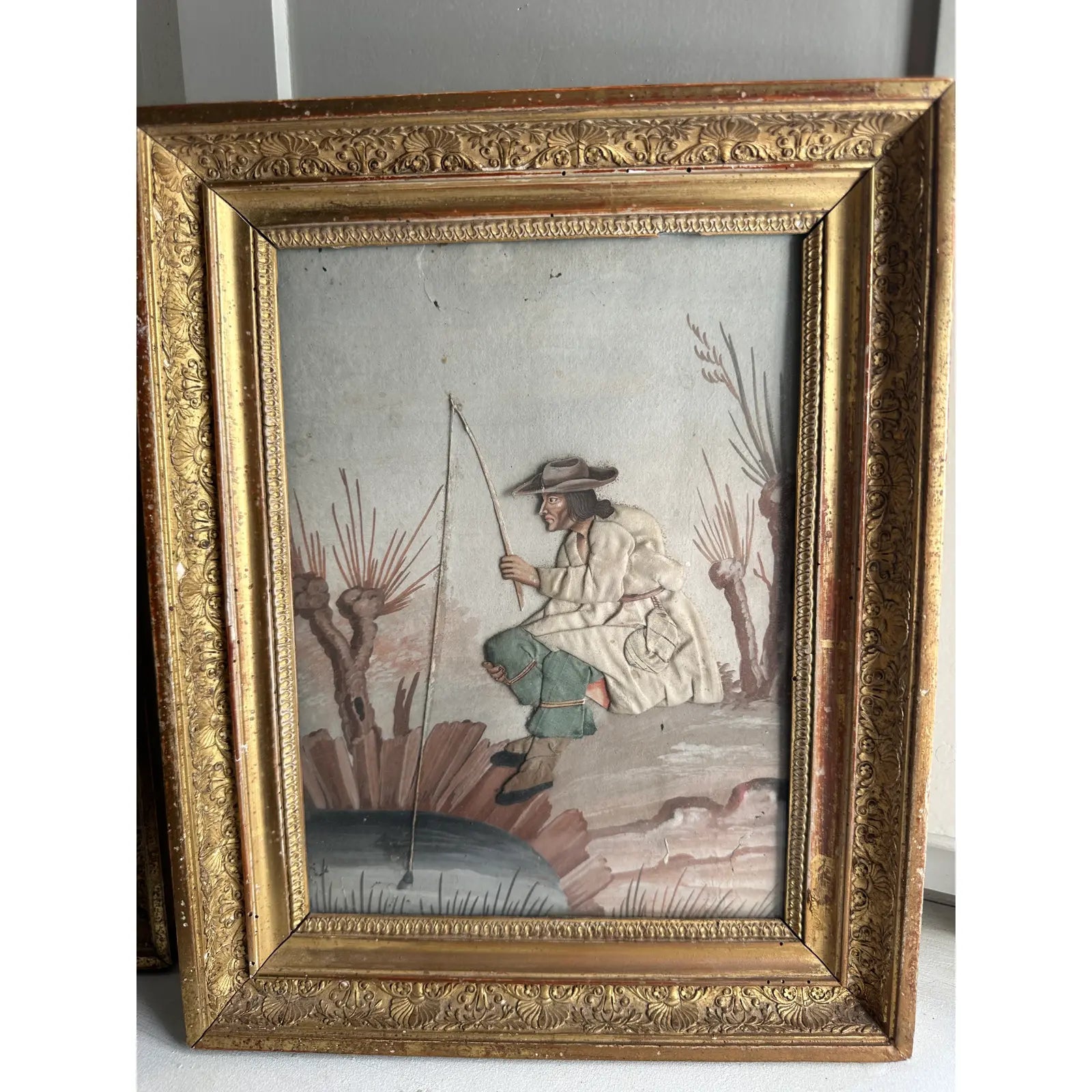 Pair of Late 19th Century Continental Mixed Media Figural Collages With Textile and Watercolor Painting Gouache Effects, Framed
