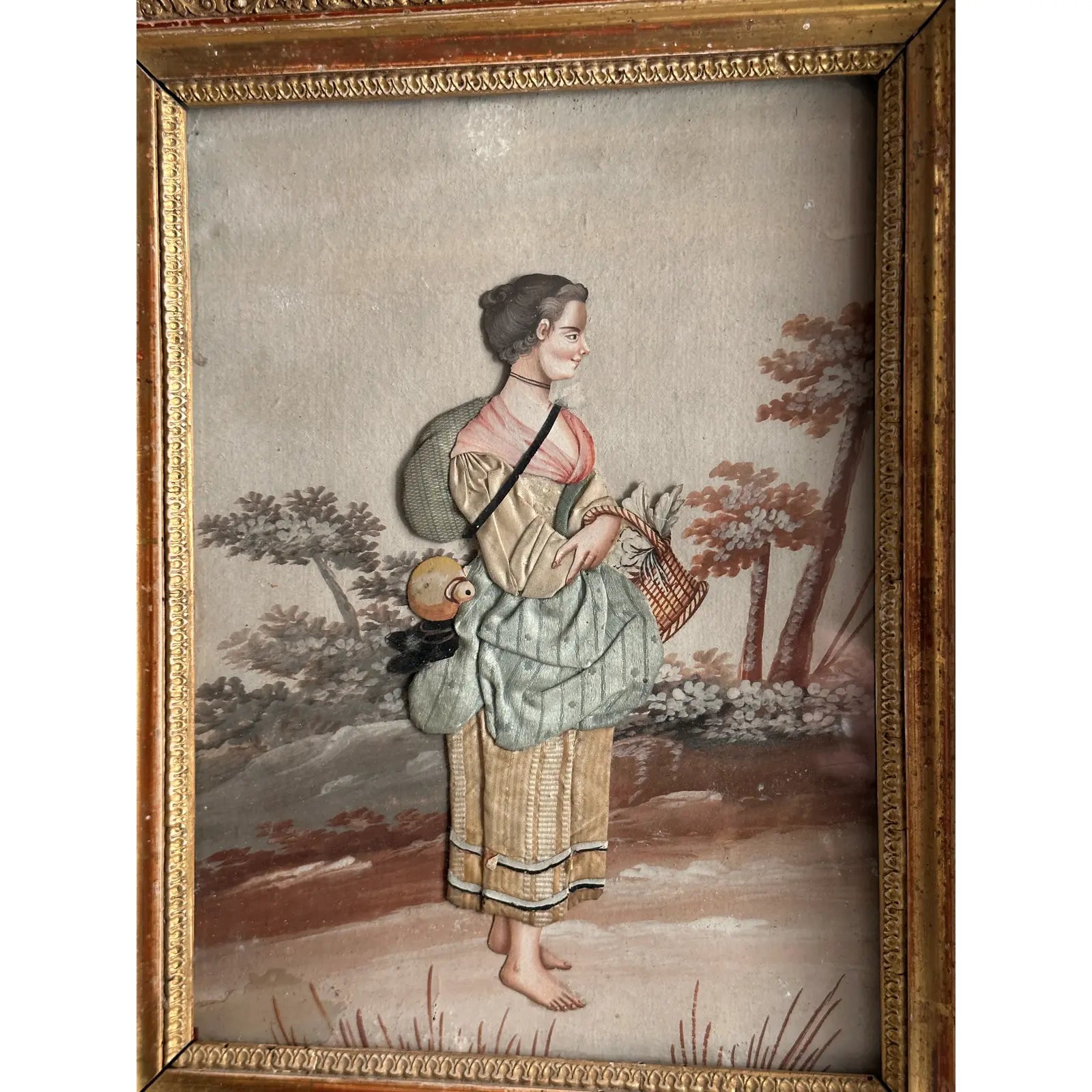 Pair of Late 19th Century Continental Mixed Media Figural Collages With Textile and Watercolor Painting Gouache Effects, Framed