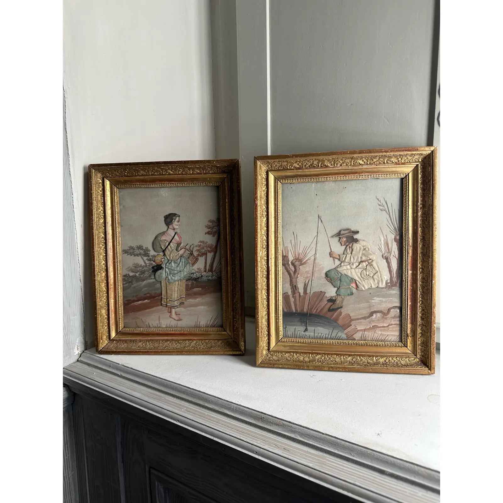 Pair of Late 19th Century Continental Mixed Media Figural Collages With Textile and Watercolor Painting Gouache Effects, Framed
