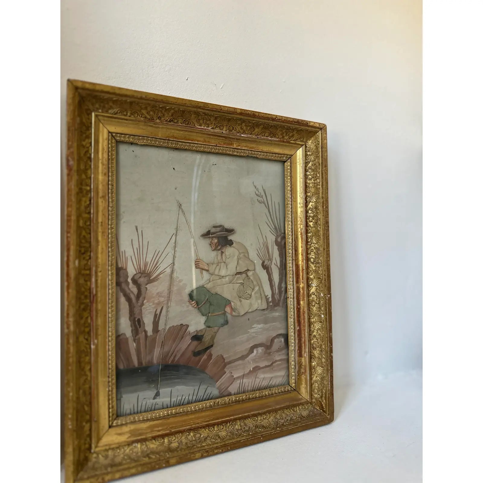 Pair of Late 19th Century Continental Mixed Media Figural Collages With Textile and Watercolor Painting Gouache Effects, Framed
