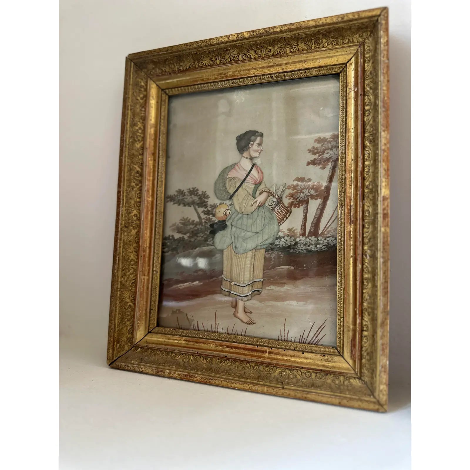 Pair of Late 19th Century Continental Mixed Media Figural Collages With Textile and Watercolor Painting Gouache Effects, Framed