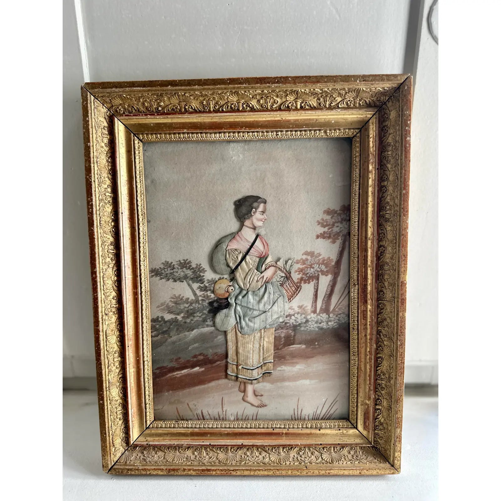 Pair of Late 19th Century Continental Mixed Media Figural Collages With Textile and Watercolor Painting Gouache Effects, Framed