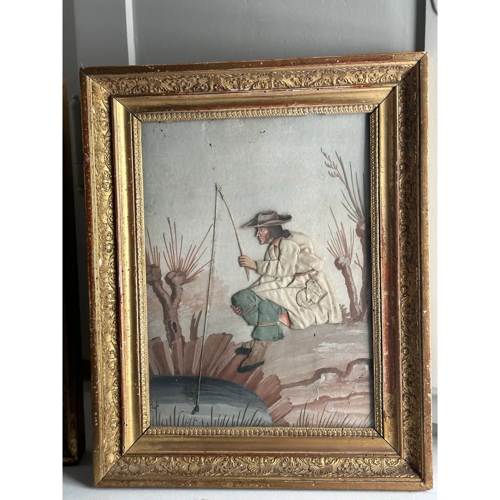 Pair of Late 19th Century Continental Mixed Media Figural Collages With Textile and Watercolor Painting Gouache Effects, Framed