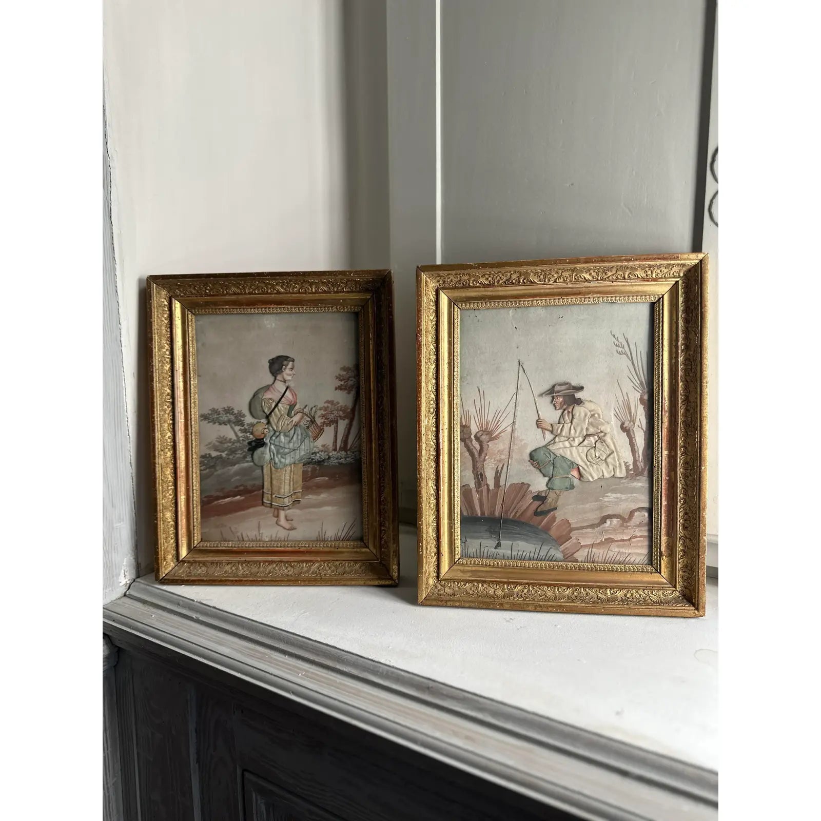 Pair of Late 19th Century Continental Mixed Media Figural Collages With Textile and Watercolor Painting Gouache Effects, Framed
