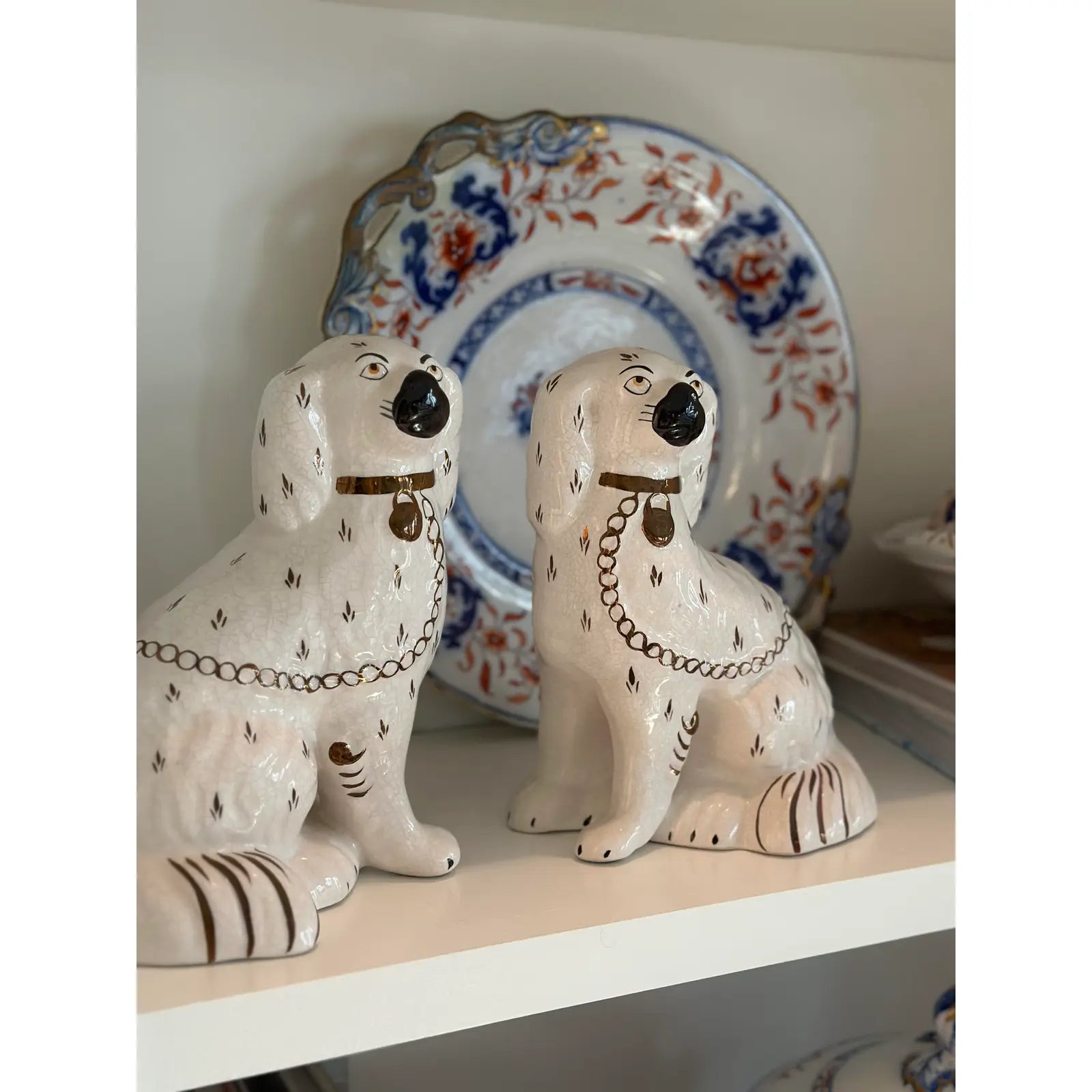 Vintage 1950s English Staffordshire Spaniels in White With Black and Gild Accents - a Pair
