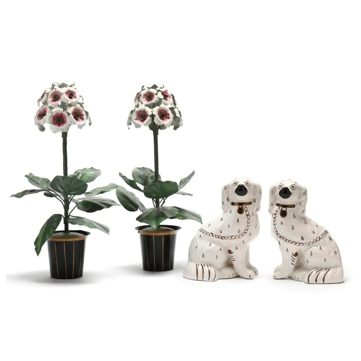 Vintage 1950s English Staffordshire Spaniels in White With Black and Gild Accents - a Pair