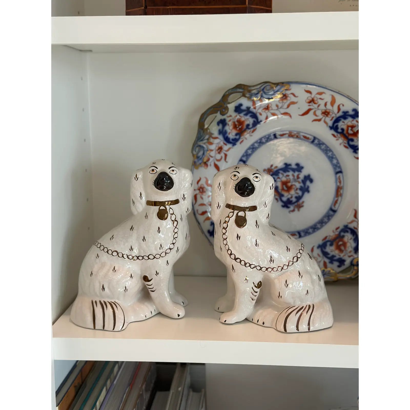 Vintage 1950s English Staffordshire Spaniels in White With Black and Gild Accents - a Pair