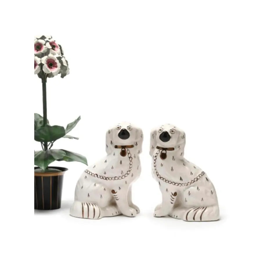 Vintage 1950s English Staffordshire Spaniels in White With Black and Gild Accents - a Pair