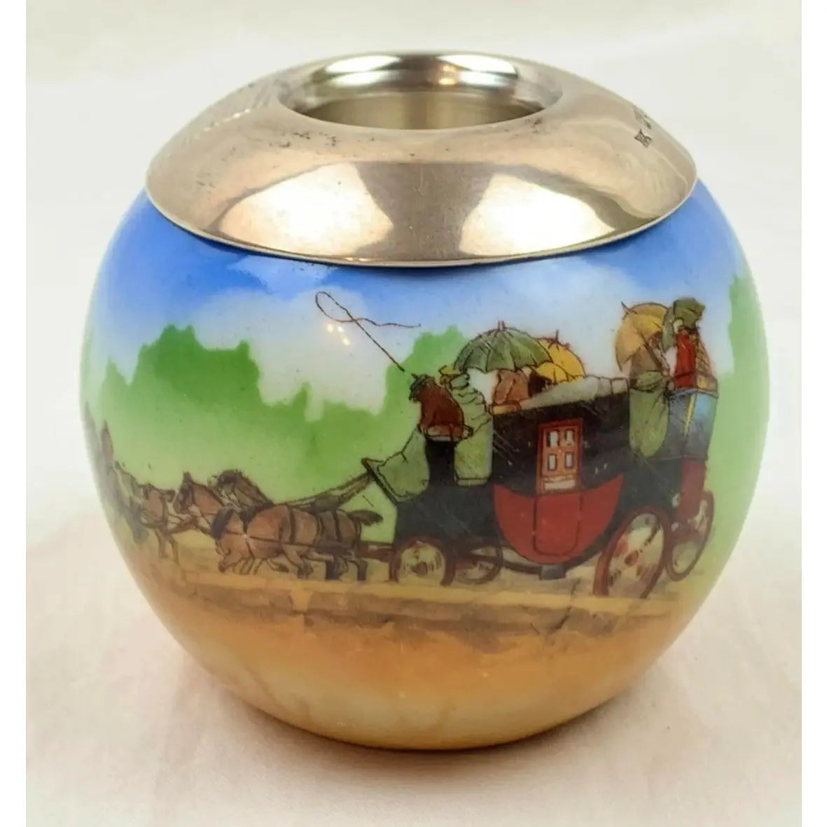 Vintage English Porcelain and Sterling Silver Rim Matchstrike Match Holder
