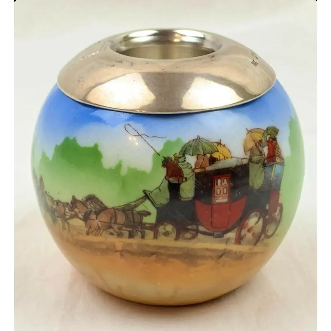 Vintage English Porcelain and Sterling Silver Rim Matchstrike Match Holder