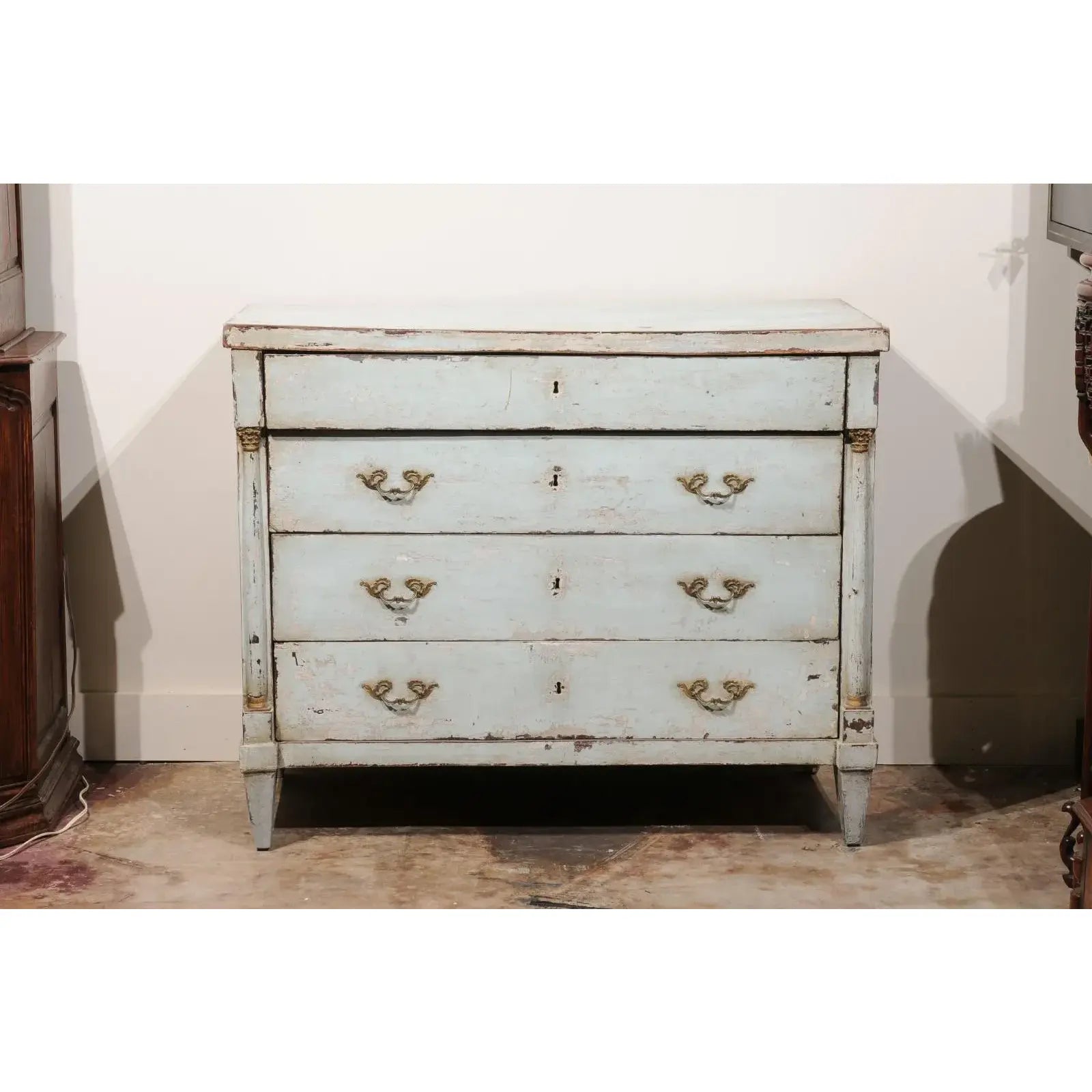18th Century Painted French Empire Style 4 Drawer Commode in Pale Blue