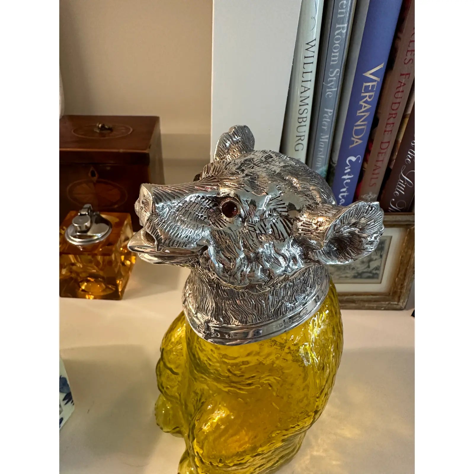 1920s English Victorian Style Sheffield Silver Plate Bear Decanter Claret in Yellow Glass