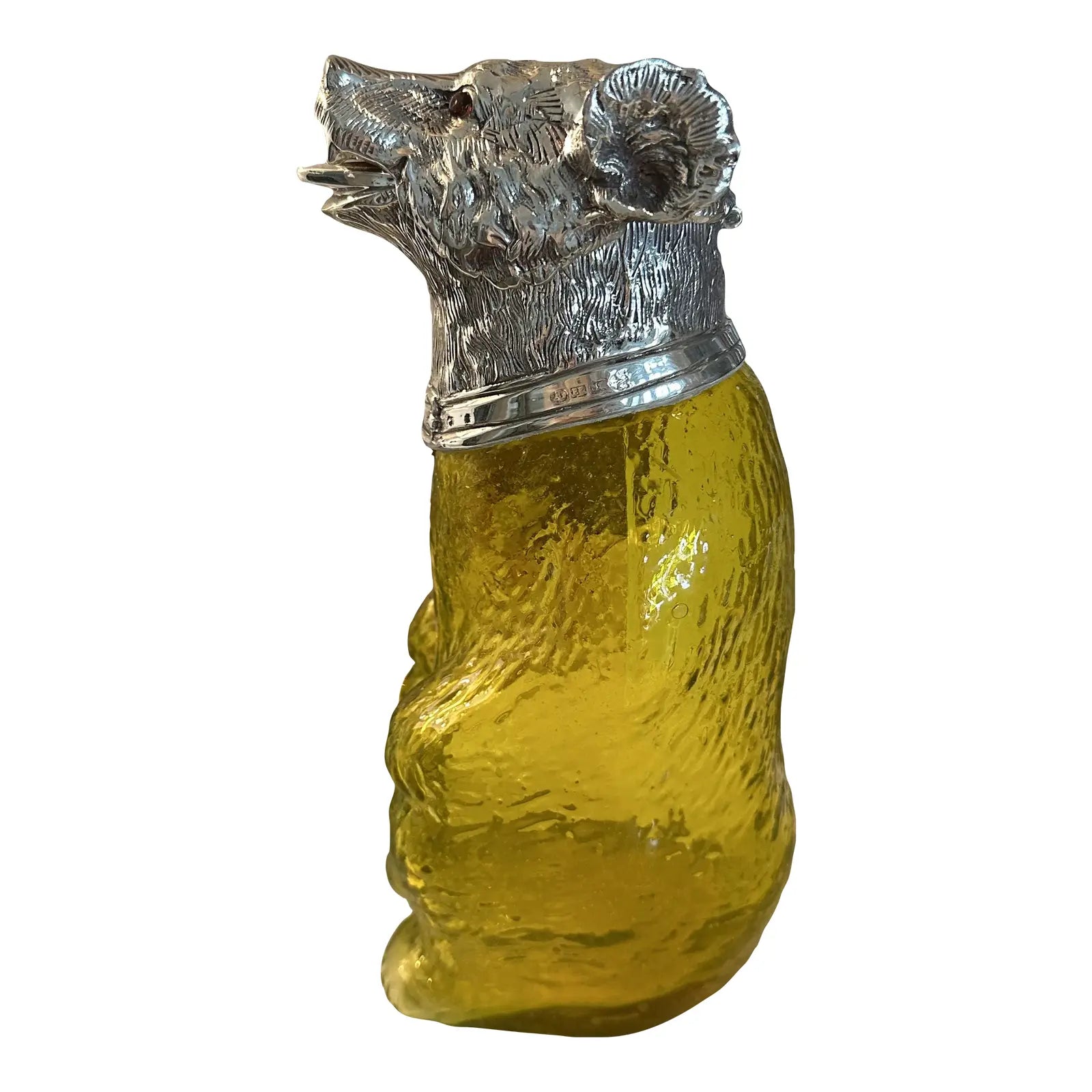1920s English Victorian Style Sheffield Silver Plate Bear Decanter Claret in Yellow Glass