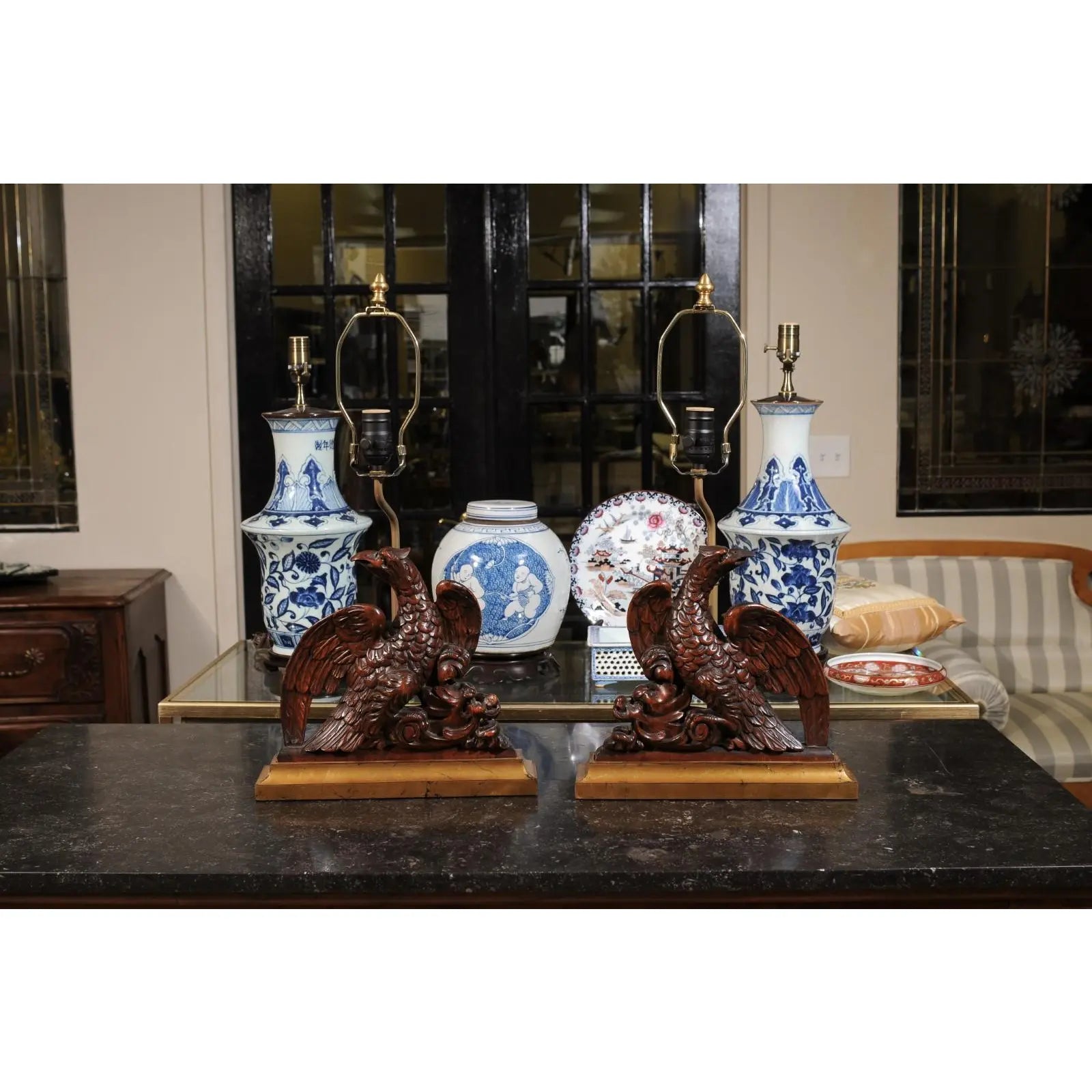 19th Century English Carved Walnut Eagle Lamps With Gilded Bases Gilt Wood - Set of 2