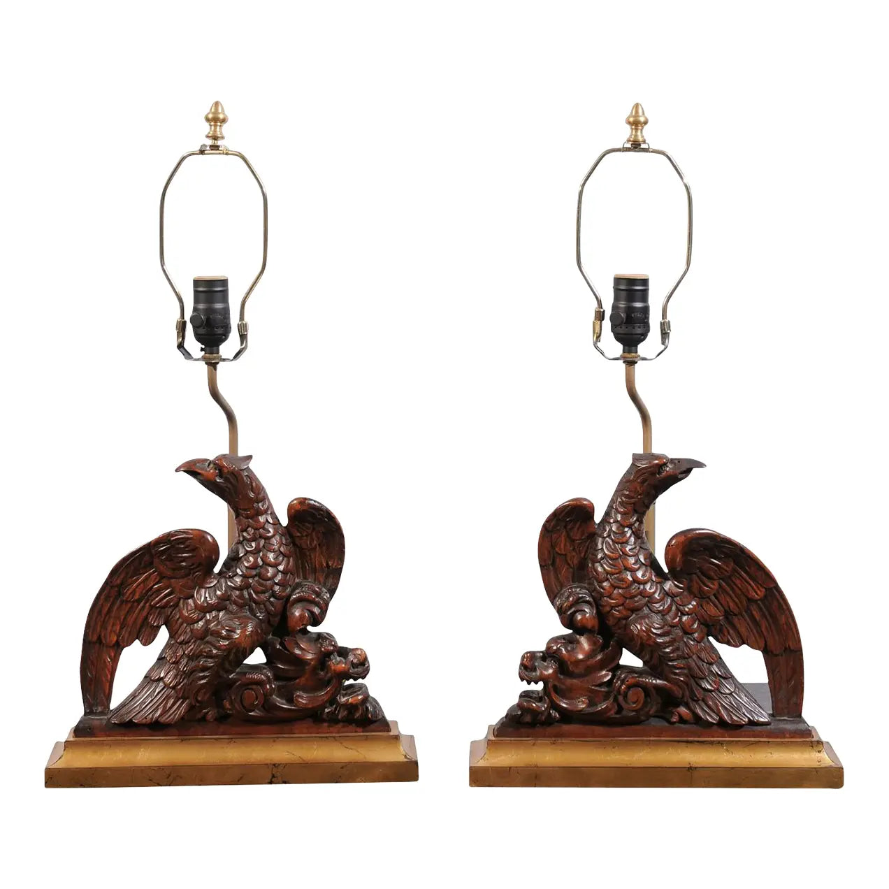 19th Century English Carved Walnut Eagle Lamps With Gilded Bases Gilt Wood - Set of 2