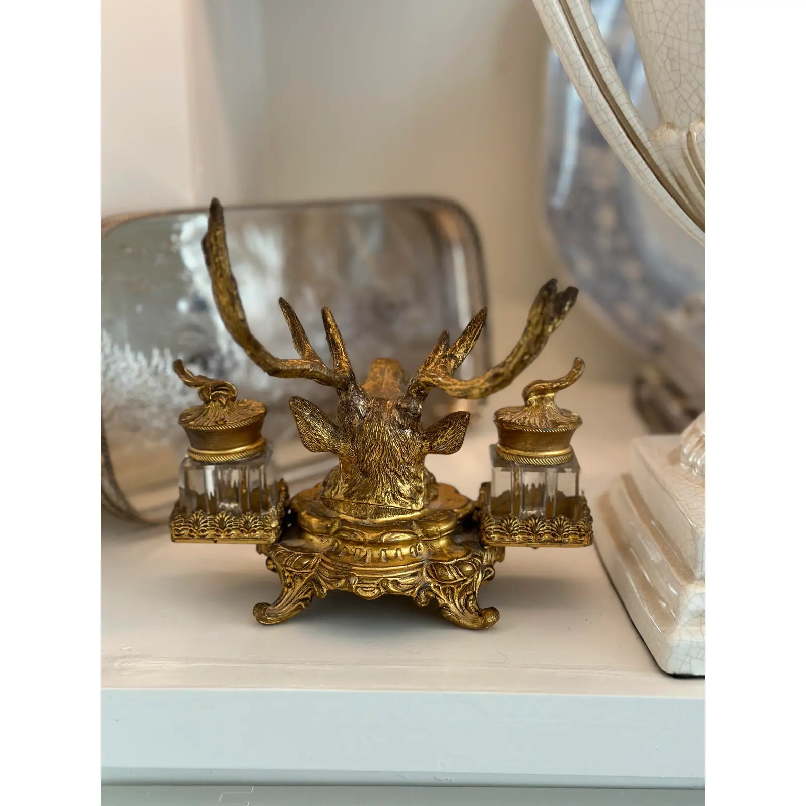 19th Century French Dore Gold Gilt Metal Stag Head Double Inkwell
