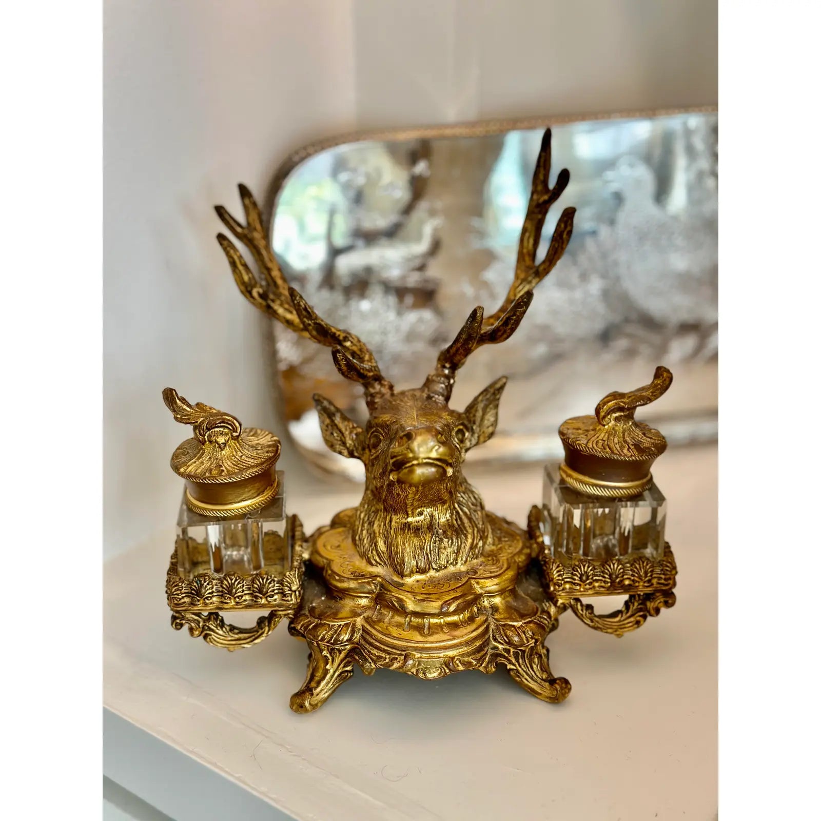 19th Century French Dore Gold Gilt Metal Stag Head Double Inkwell