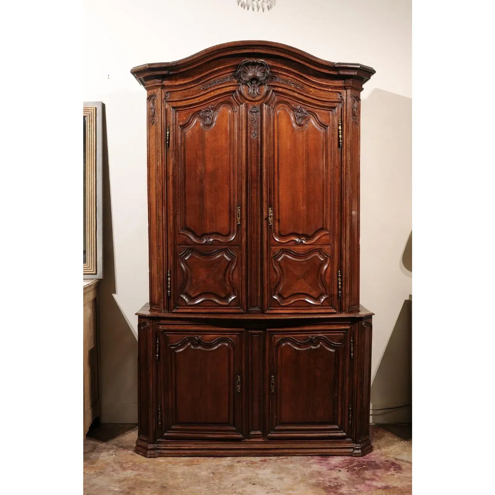 19th Century French Provincial Buffet Deux Corps Cabinet Armoire in Oak