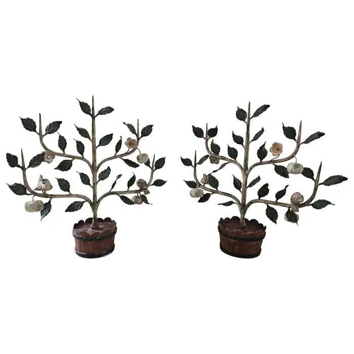 Vintage Pair of Italian Tole Espalier Fruit Trees adorned with Apples & Birds