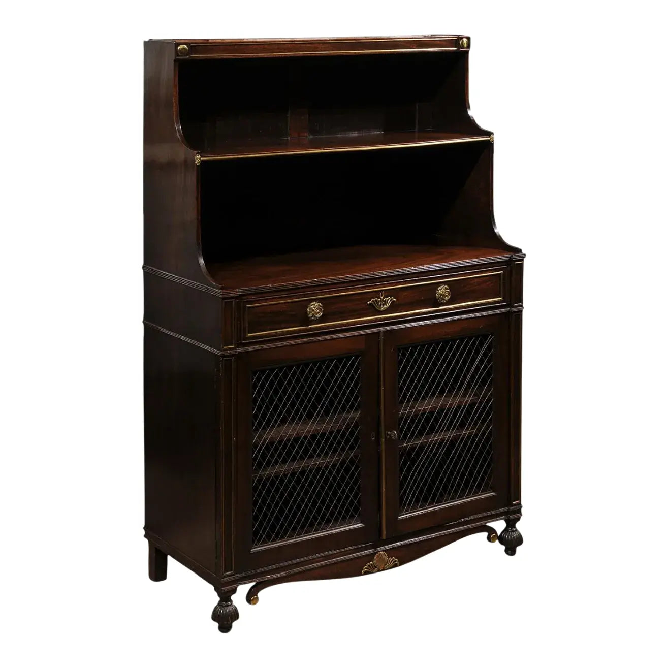 Early 19th Century English Regency Period Chiffonnier Cabinet Waterfall With Brass Fittings