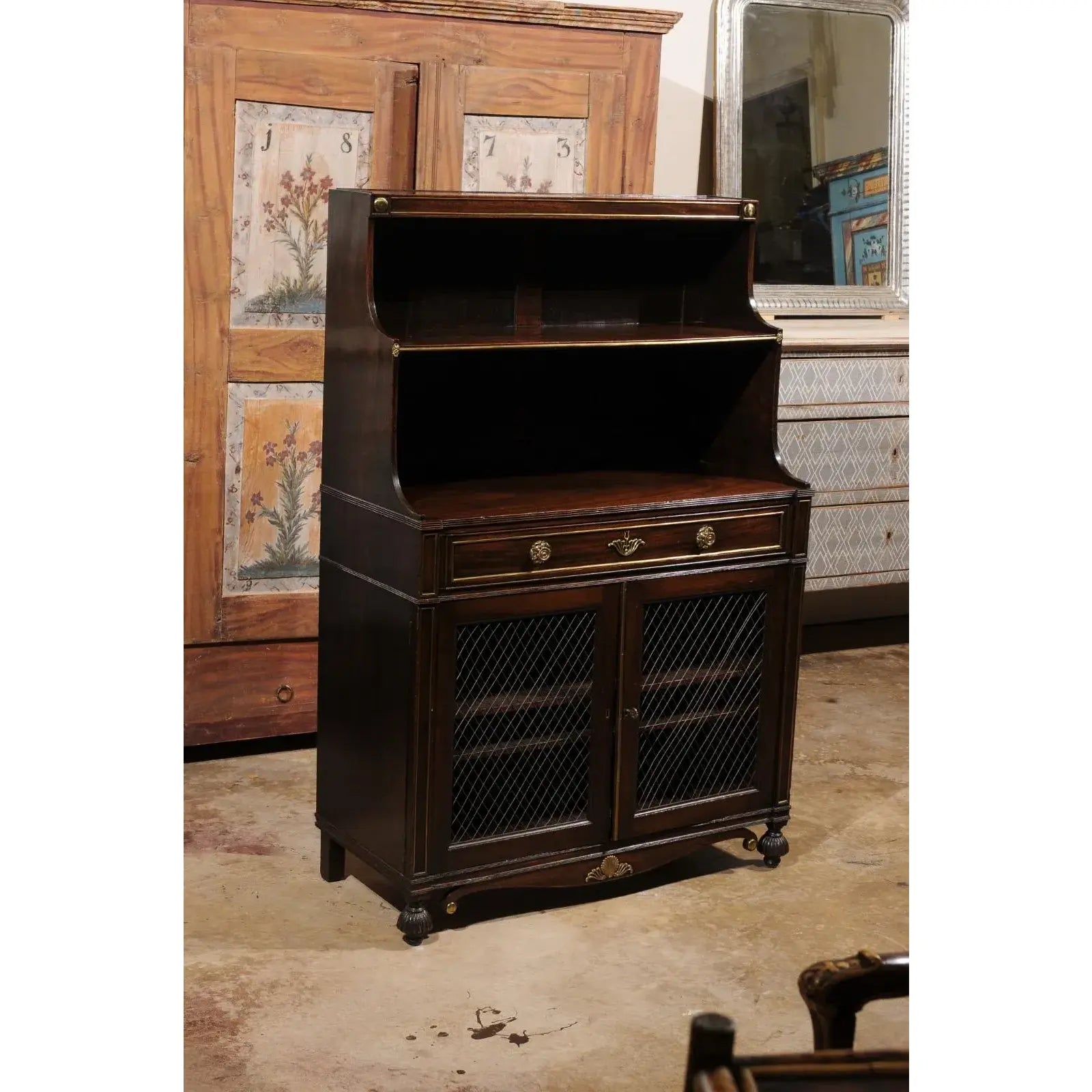 Early 19th Century English Regency Period Chiffonnier Cabinet Waterfall With Brass Fittings