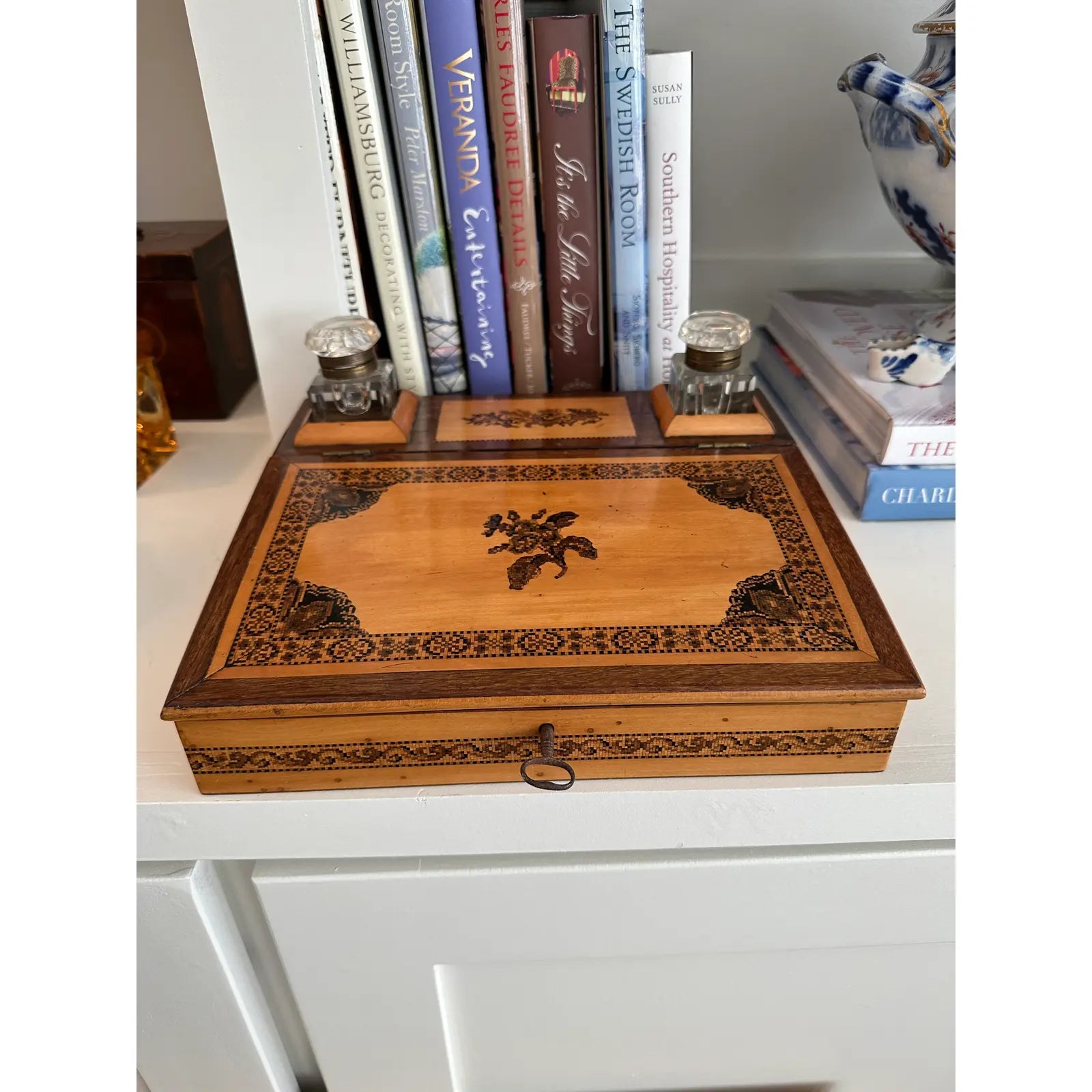 Late 19th Century Tunbridge Ware Writing Box Lap Desk With Double Inkwell Brass Lift Tops
