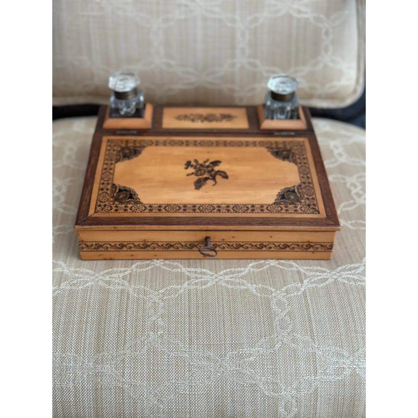Late 19th Century Tunbridge Ware Writing Box Lap Desk With Double Inkwell Brass Lift Tops