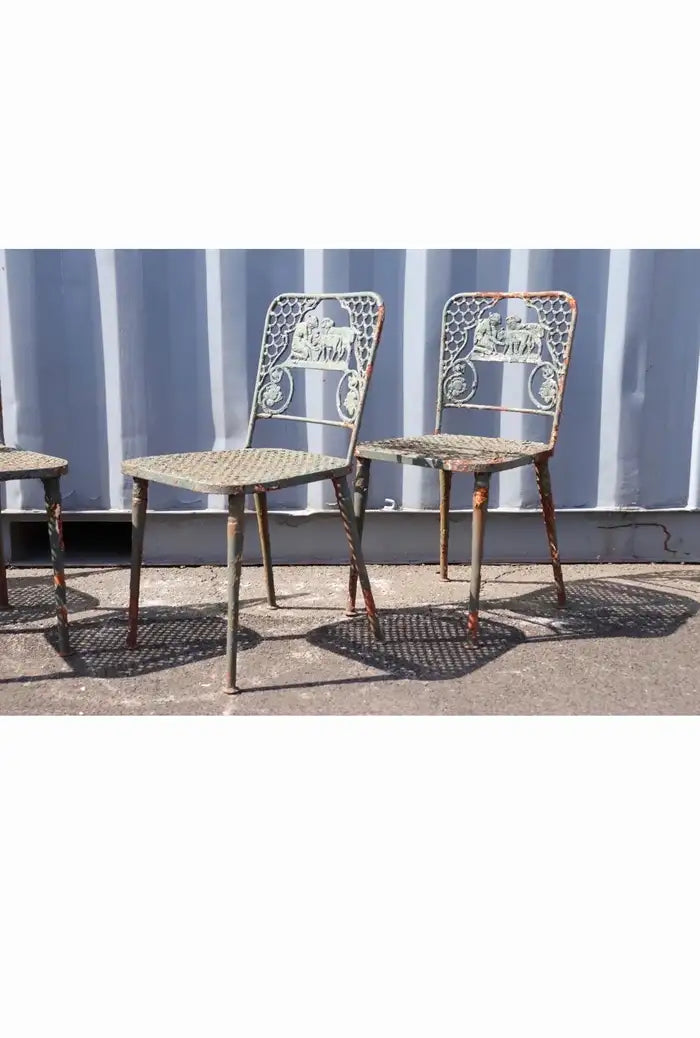 Vintage Figural Cast Iron Patio Garden Chairs Child with Sheep - set of 4