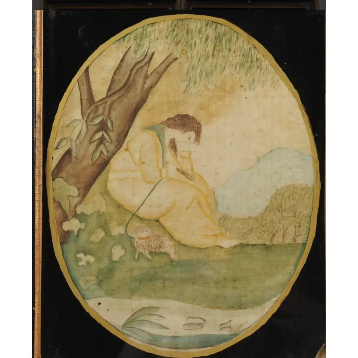 Pair Late 18th Century American Folk Art Paintings on Silk in Eglomise Frames