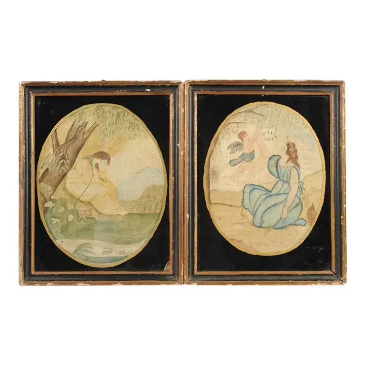 Pair Late 18th Century American Folk Art Paintings on Silk in Eglomise Frames