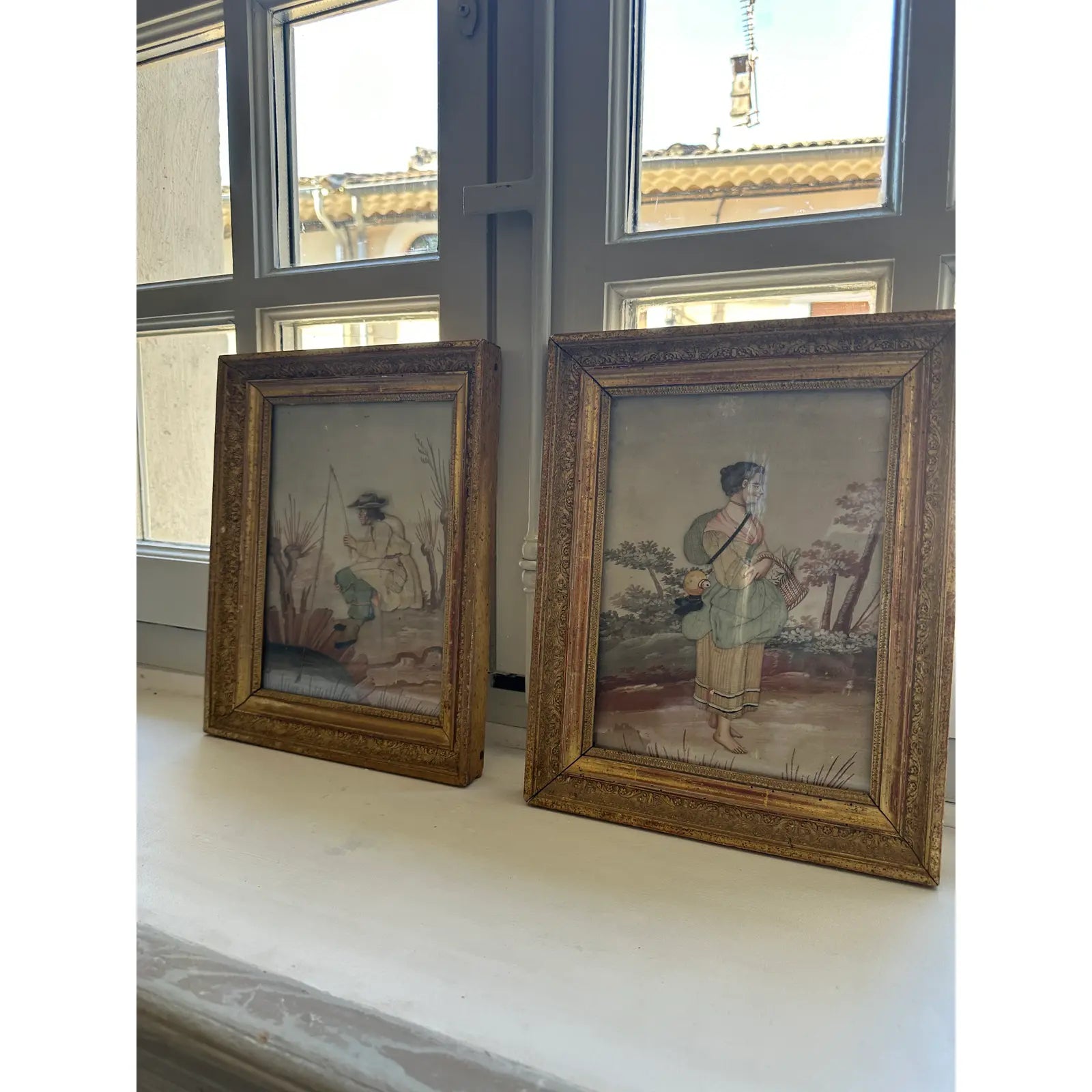 Pair of Late 19th Century Continental Mixed Media Figural Collages With Textile and Watercolor Painting Gouache Effects, Framed