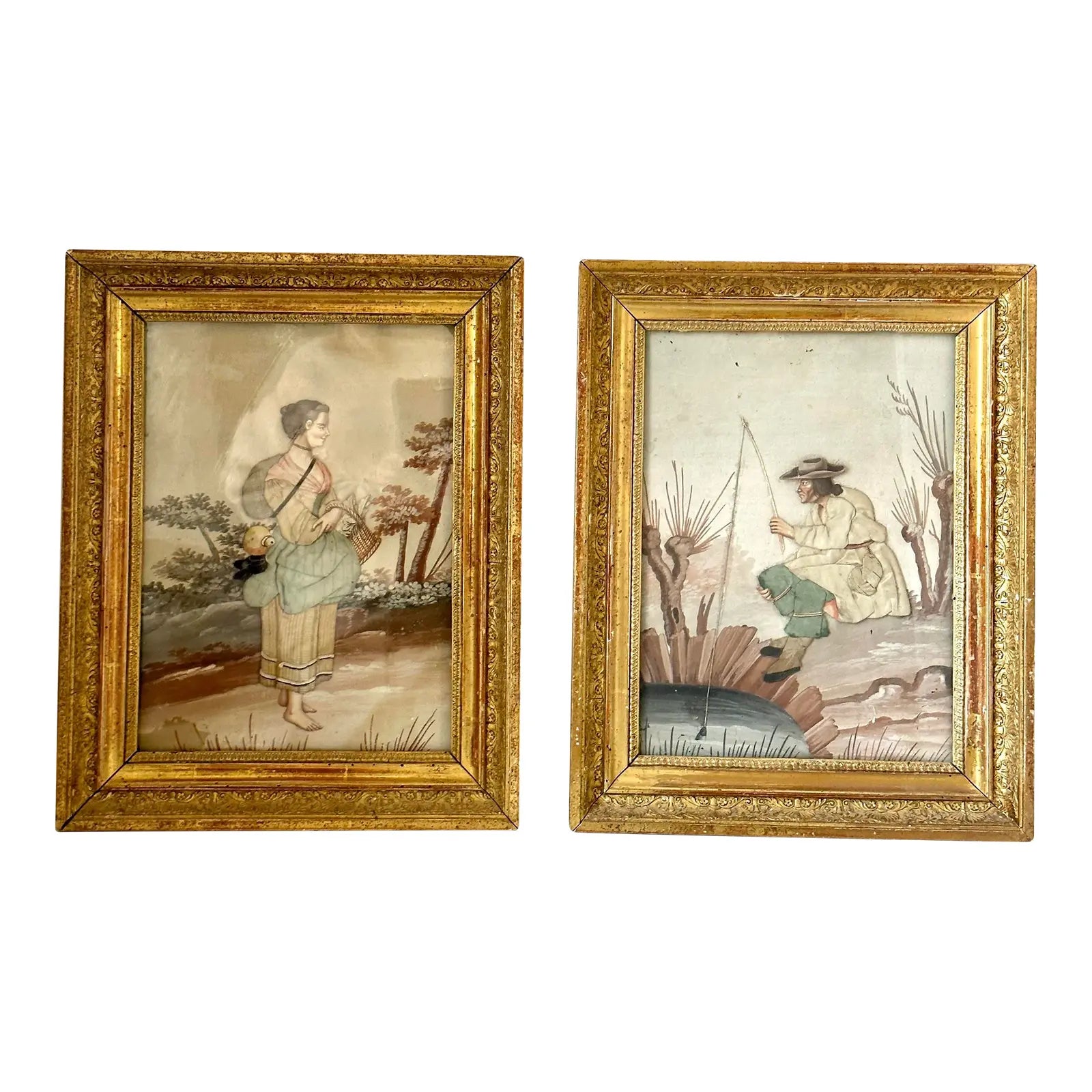 Pair of Late 19th Century Continental Mixed Media Figural Collages With Textile and Watercolor Painting Gouache Effects, Framed