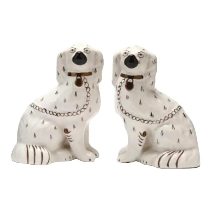 Vintage 1950s English Staffordshire Spaniels in White With Black and Gild Accents - a Pair