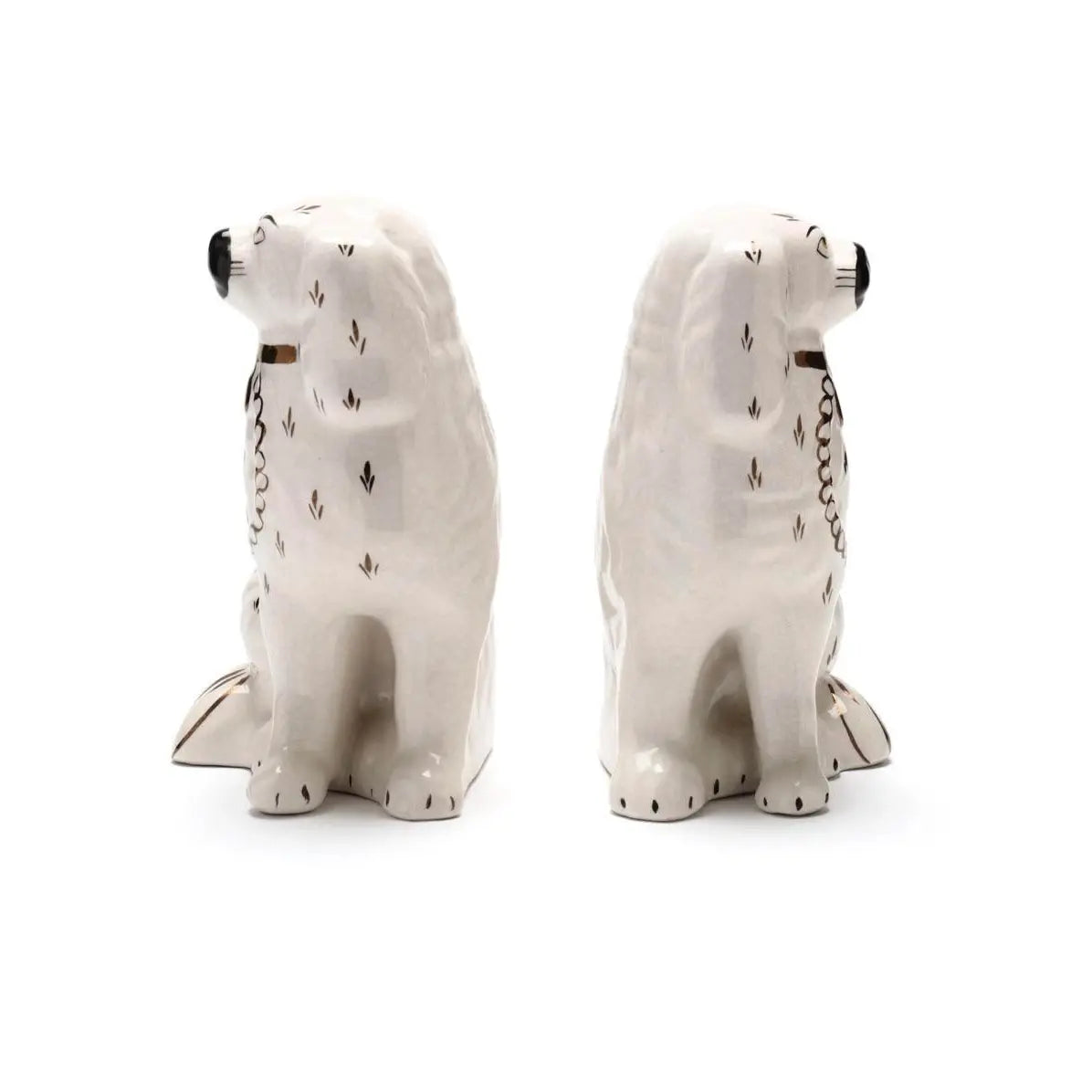 Vintage 1950s English Staffordshire Spaniels in White With Black and Gild Accents - a Pair