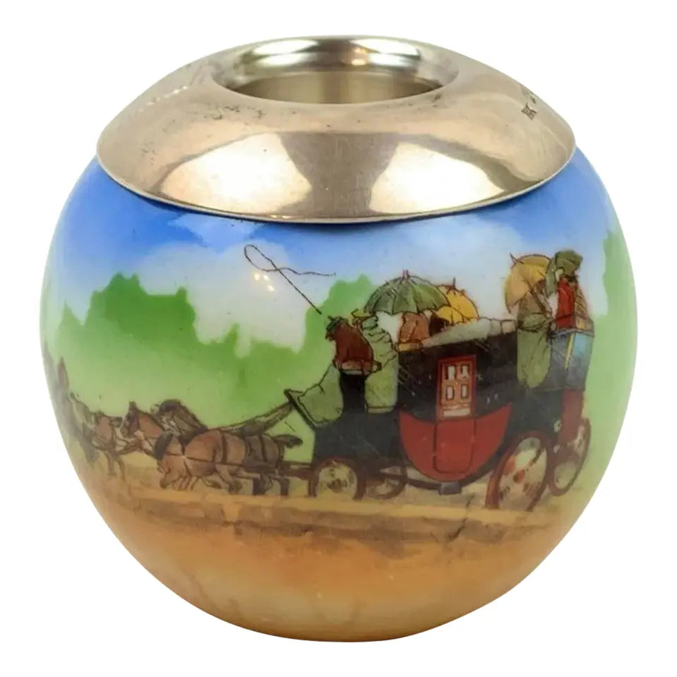 Vintage English Porcelain and Sterling Silver Rim Matchstrike Match Holder