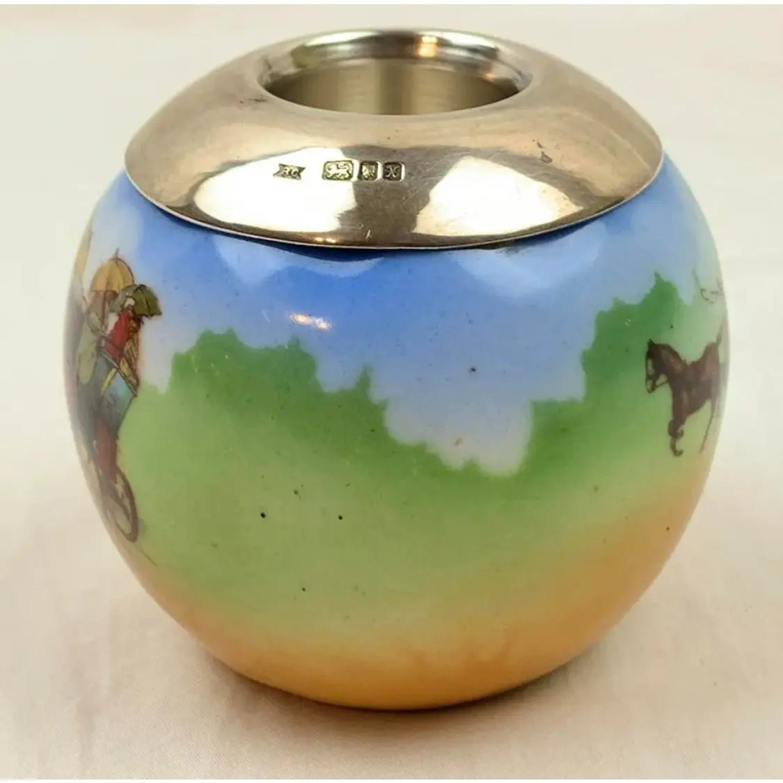 Vintage English Porcelain and Sterling Silver Rim Matchstrike Match Holder